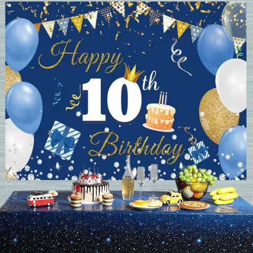 Miniatura 3 de Cartel de tela para decoración de cumpleaños número 10 para niños y niñas, cartel de tela de feliz 10 años, fondo de fotografía azul, suministros