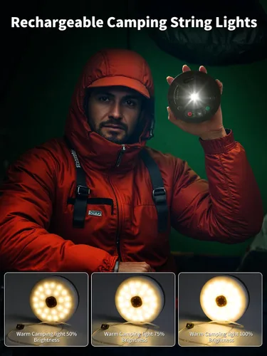 Miniatura 2 de Cadena de luces retráctiles mejoradas para acampar al aire libre, cadena de luces de campamento de 33 pies con broche, cadena de luz recargable, 9