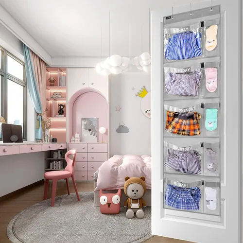 Miniatura 4 de Organizador semanal de ropa para niños, día de la semana, almacenamiento de ropa escolar, de lunes a viernes, organizador colgante de armario (gris)