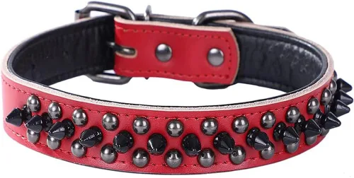 Miniatura 21 de Serijoars Collares ajustables de cuero genuino con tachuelas para mascotas pequeñas, medianas y grandes, Pit Bull, Bulldog, Pugs, Husky (M, morado)