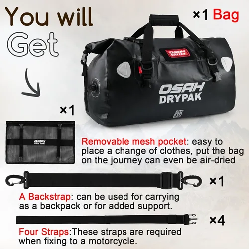 Miniatura 7 de OSAH DRYPAK Bolsa de lona impermeable – Bolsa seca para motocicleta con gran espacio de almacenamiento, bolsas de equipaje impermeables con bolsillo