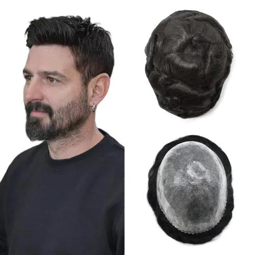 Miniatura 48 de Toupee - Sistema de reemplazo de cabello humano para hombre, 0.004 in, inyectado, piel de polietileno, piezas de pelo para hombre, 6 x 8 pulgadas