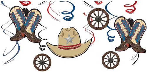 Miniatura 10 de Decoraciones de remolinos colgantes para fiestas occidentales, 5 y 7 pulgadas (paquete de 12) – Remolino rojo y azul con recortes de vaquero