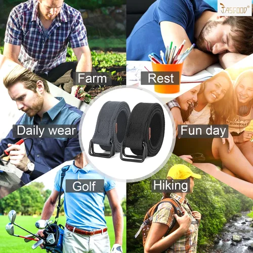 Miniatura 6 de JASGOOD Cinturones de tela de lona para hombres y mujeres, cinturones de tela con hebilla de doble anillo negro, paquete de 2