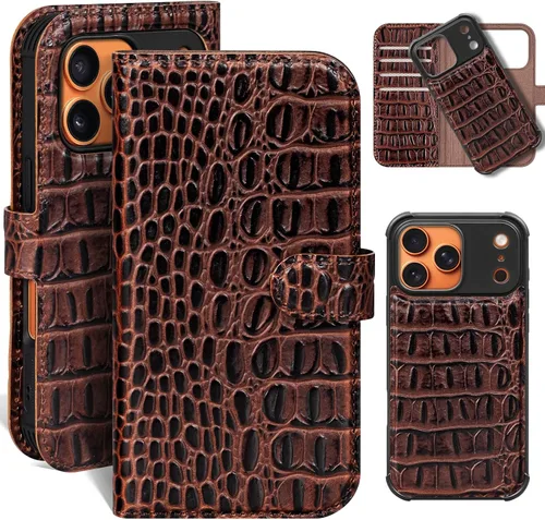 Miniatura 13 de Funda de cuero compatible con iPhone 16 Pro Max Cartera 6.9", cuero genuino 2 en 1, magnética, desmontable, a prueba de golpes, funda tipo folio
