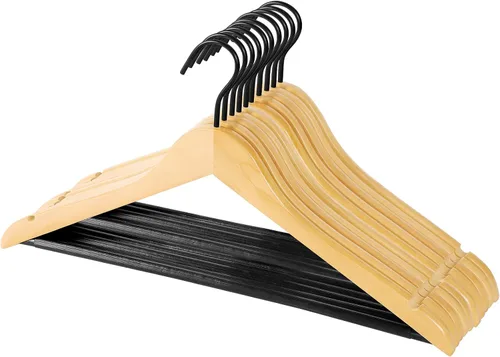 Miniatura 10 de Paquete de 20 perchas de madera maciza de alta calidad para trajes y abrigos con barra antideslizante para pantalones, ganchos con revestimiento