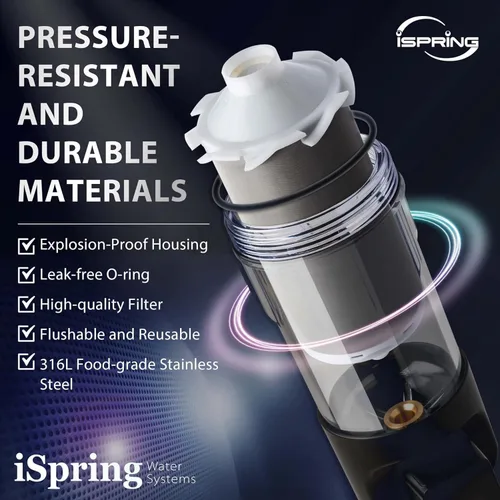 Miniatura 7 de iSpring WSP50ARJ-BP Prefiltro para toda la casa, filtro de agua de sedimentos giratorio con derivación, carcasa transparente mejorada, tamaño jumbo
