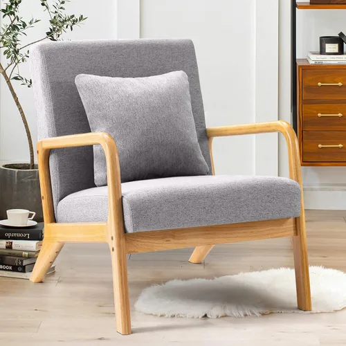 Miniatura 19 de ELUCHANG Silla decorativa moderna de mediados de siglo con almohada lumbar, sillón tapizado, tela de lino, cómoda silla auxiliar de lectura