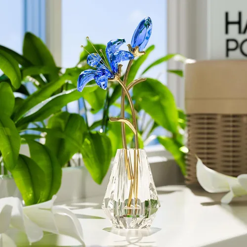 Miniatura 7 de YWHL Figura de flor de lirio de cristal con jarrón, hecha a mano, regalo de flor de lirio azul para mujer, regalos de boda para pareja, decoración
