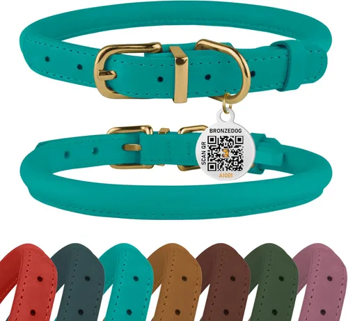 Miniatura 24 de Collar de cuero enrollado, redondo, suave y ajustable con placa de identificación por QR para perro pequeño, mediano y grande, cachorro y gato Rosa