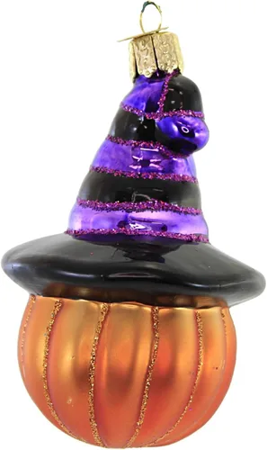 Miniatura 2 de Old World Christmas Adorno de cristal soplado de calabaza de bruja Jack O'Lantern para árbol de Navidad, decoración navideña hecha a mano, colección