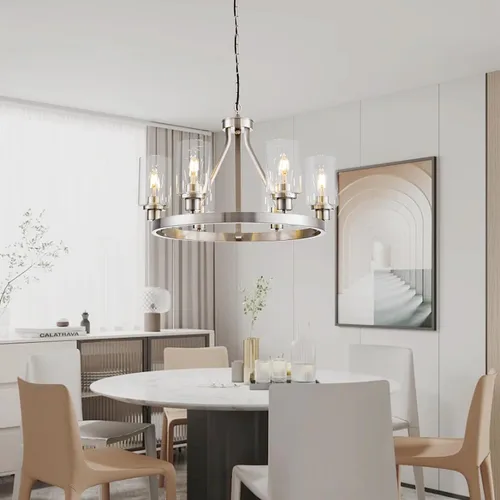 Miniatura 7 de Lanhall - Lámpara moderna de 6 luces para comedor, lámpara de techo en níquel cepillado para cocina, candelabro colgante con pantalla de vidrio