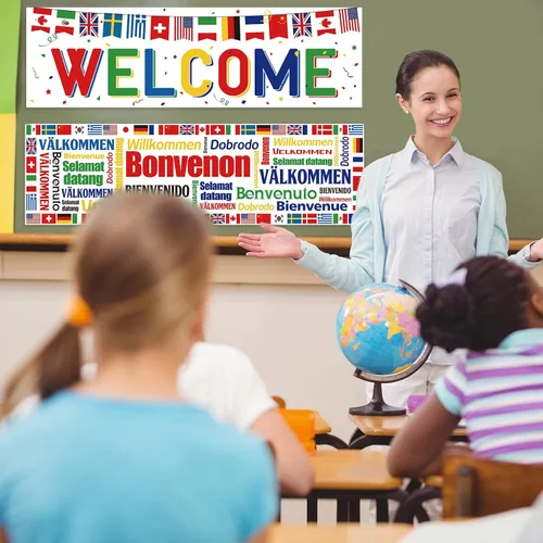 Miniatura 6 de Panelee 2 pancartas de bienvenida internacionales de 13.8 x 43.3 pulgadas, banderas del mundo de poliéster, banderas de país, decoración para Blanco