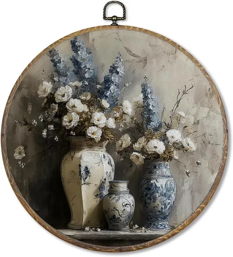 FUGWN Arte de Pared Redondo Floral Vintage Enmarcado, Elegantes Láminas de Arte en Lienzo Floral de Estilo Campestre Francés, Decoraciones Colgantes