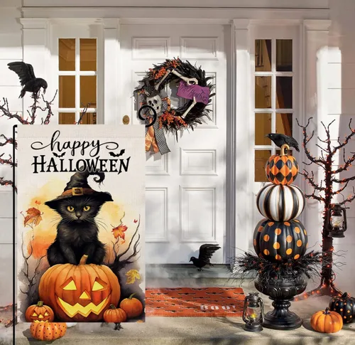Miniatura 2 de BLKWHT Bandera de jardín de gatos de Halloween de 12 x 18 pulgadas, vertical, doble cara, feliz Halloween, calabaza, vacaciones, decoraciones