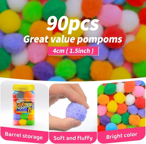 Miniatura 2 de Bundooraking Pompones, 1.5 pulgadas (4cm), 90 piezas bolas grandes multicolor a granel para artes y manualidades, pompones suaves y esponjosos