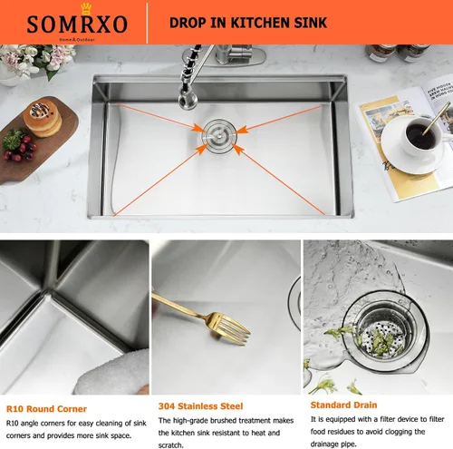 Miniatura 5 de Fregadero de cocina de 28 pulgadas empotrado - Fregadero de cocina de acero inoxidable de calibre 16 de 28x18,10 pulgadas de profundidad, fregadero