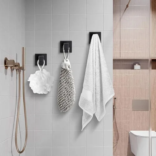 Miniatura 7 de Ganchos de toalla negros mate para baños, gancho moderno de acero inoxidable resistente montado en la pared, paquete de 4, ideal para colgar Negro