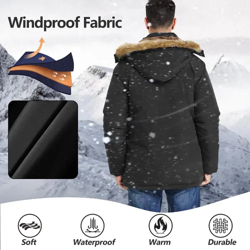 Miniatura 4 de Men's Winter Thicken Coat Warm Faux Fur Lined Padded Puffer Parka Jacket with Removable Hood