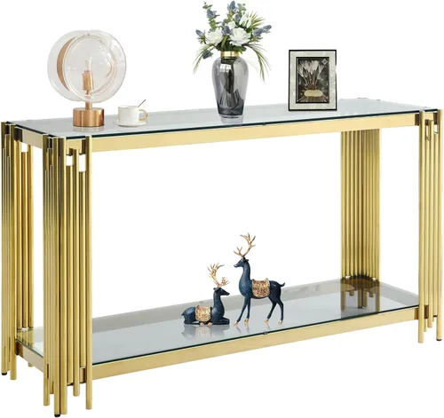 Miniatura 14 de Mesa de centro de vidrio templado de 31.5 pulgadas, moderna mesa de té dorada de 2 niveles con estante inferior, mesas centrales de lujo con marco