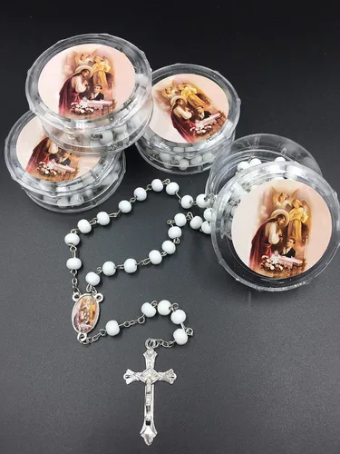 Miniatura 3 de 12pcs - Primera Comunión Favores Niño Rosarios Cruz Perfumada Comunión Blanca Favores Rosario Con Bolsas de Organza