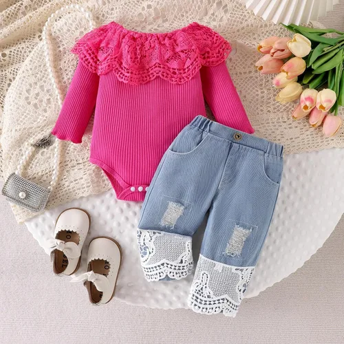 Miniatura 11 de Conjunto de ropa de bebé niña para bebé, mameluco de encaje blanco de manga larga + pantalones de mezclilla