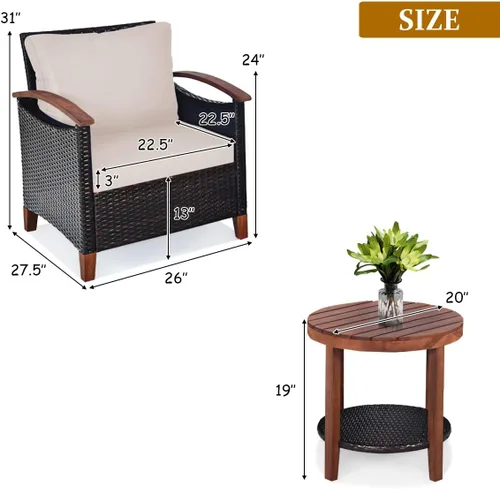 Miniatura 4 de Tangkula Juego de muebles de patio de 3 piezas, sofá y mesa auxiliar de ratán para exteriores con marco de madera de acacia maciza, juego de bistró
