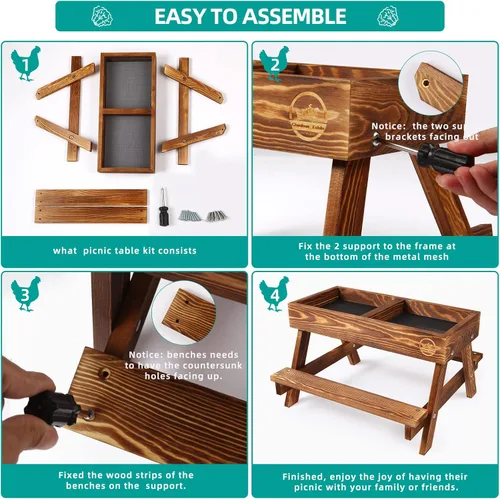 Miniatura 7 de Mesa de pollo sin residuos, comedero de picnic de pollo hecho a mano de madera carbonizada, kit grande de comedero de pollo para bricolaje, Madera