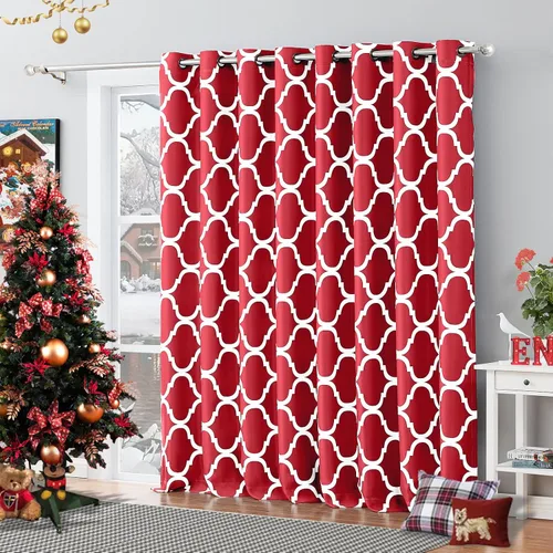 Melodieux Cortina de Navidad Marroquí de Moda para Oscurecer la Habitación Blackout con Ojales en la Parte Superior, 100 por 84 Pulgadas, Rojo (1