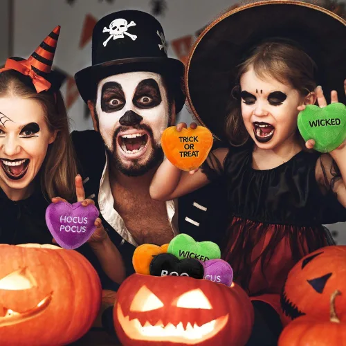 Miniatura 3 de Divertidos y únicos corazones de conversación de peluche de Halloween, 4 pulgadas (juego de 12) diseños espeluznantes surtidos para decoración