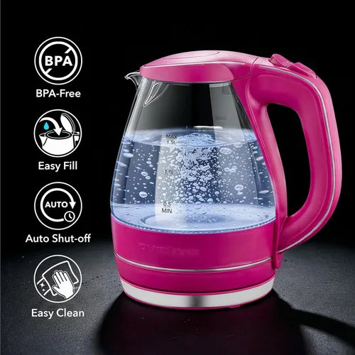 Miniatura 3 de OVENTE Hervidor Eléctrico, 1.5L de Vidrio de Borosilicato para Encimera, Calentador y Hervidor de Agua para Café o Té, Libre de BPA, Apagado Rosa