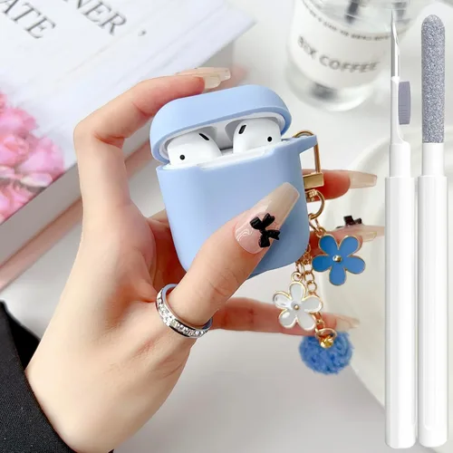 Miniatura 37 de Bonita funda negra para Airpods de 2ª/1ª generación para niñas y mujeres, con llavero de pompón de flores y kit de limpieza, funda protectora tipo
