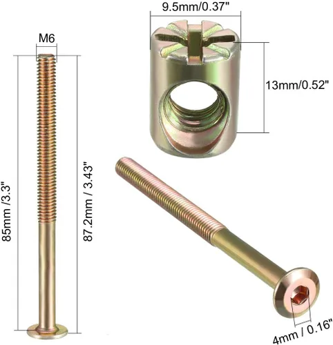 Miniatura 3 de uxcell M6x85mm - Juego de tuercas hexagonales para muebles, 1.890 in, longitud de rosca con tuercas de barril para camas, cabeceros, sillas, 8