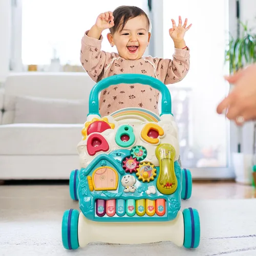 Miniatura 8 de Caminante de aprendizaje sentado a pie 3 en 1 Baby Walker Centro de actividades de educación temprana con diseño de peso, sonidos y teléfono Azul