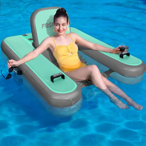 Miniatura 9 de FBSPORT Tumbona inflable para piscina para adultos, silla flotante de agua, balsa flotante de piscina con soporte para tazas y respaldo para Verde