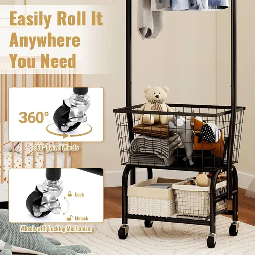 Miniatura 6 de ALIMORDEN Carro de lavandería con estante para ropa, carrito de lavandería rodante con estante de almacenamiento de alambre, Negro