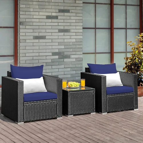 Juego de muebles de mimbre de ratán para exteriores, 3 piezas, con cojín resistente al agua y mesa de vidrio templado, silla de mimbre para porche,