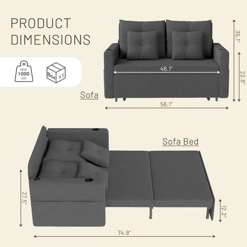 Miniatura 3 de Krcix Sofá cama 3 en 1, sofá cama convertible de 56 pulgadas, sofá biplaza con portavasos, USB, sofá para sala de estar, dormitorio, apartamento