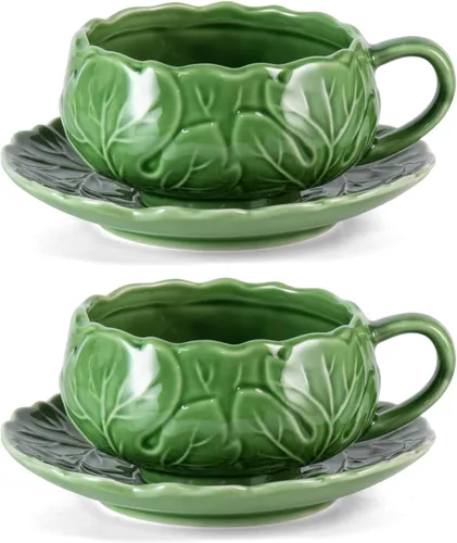Miniatura 16 de KAMMAK - Juego de 2 tazas de té y platillos, tazas de café de porcelana, tazas de espresso apilables de 6.8 onzas, demitasses de cerámica para café