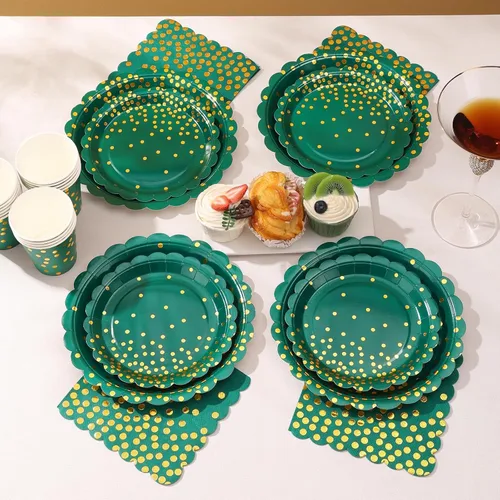 Miniatura 5 de 175 piezas de decoración de fiesta verde y dorada - Suministros de fiesta con platos y servilletas verdes - Platos de papel festoneados