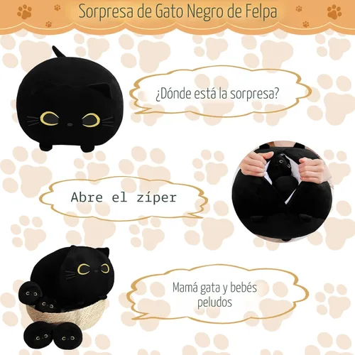 Miniatura 3 de TOYSYM Gato Negro de Peluche Mamá Gato de Peluche Juguetes con 4 Bebés Blanditos en su Vientre Almohadas Suave Lindas para Abrazar para Niños y Niñas