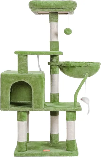 Miniatura 17 de Heybly Poste rascador para gatos, torre de árbol pequeño para gatos con 3 postes de sisal completos, cama de felpa extraíble, cepillo de aseo