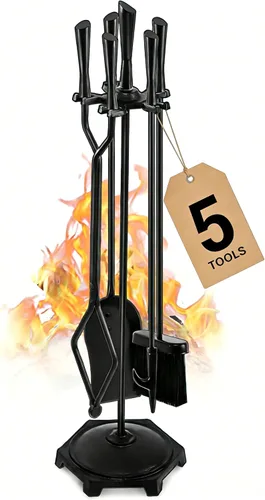 Gtongoko Juego de herramientas para chimenea de hierro forjado, 5 piezas, para interiores y exteriores, con póquer de fuego, pala, cepillo rústico,