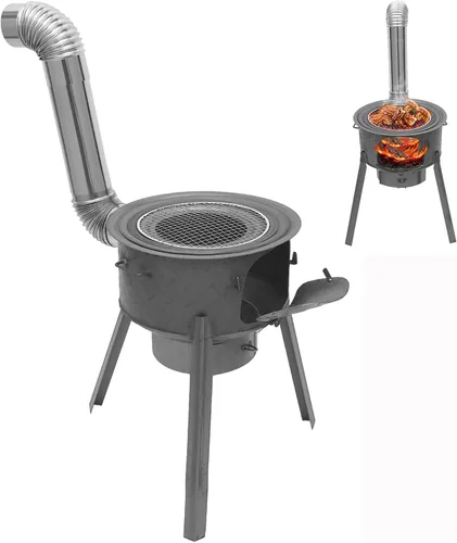 Estufa de cohete portátil de leña con tubo de chimenea, estufa de camping de acero resistente con parrilla para calefacción de tienda de campaña y