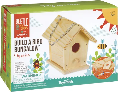 Toysmith - Beetle & Bee - Build A Bird Bungalow - Juego de manualidades de bricolaje para niños, para exteriores, 6 x 4 x 6 pulgadas, herramientas y