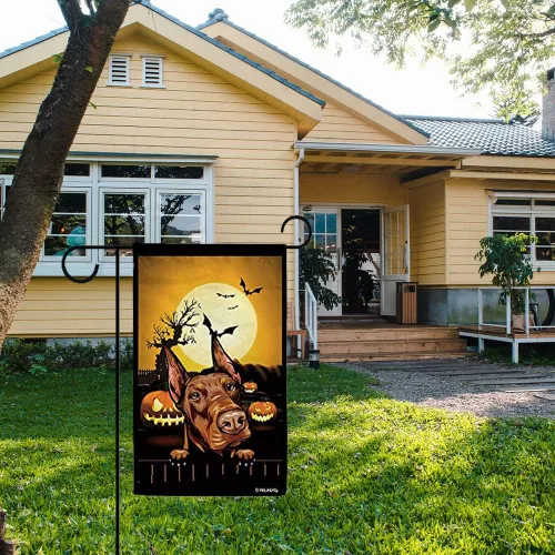 Miniatura 3 de Bandera de jardín de calabaza de Feliz Halloween Jack O'Lantern con perro Rhodesian Ridgeback Halloween Bat Boo Bandera decorativa para patio al