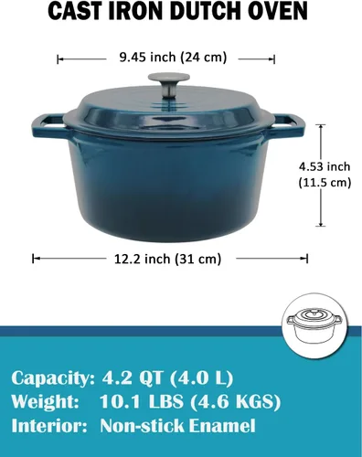 Miniatura 2 de Horno holandés de hierro fundido de 4.2 cuartos de galón con tapa, interior antiadherente esmaltado, apto para horno hasta 500 °F, compatible