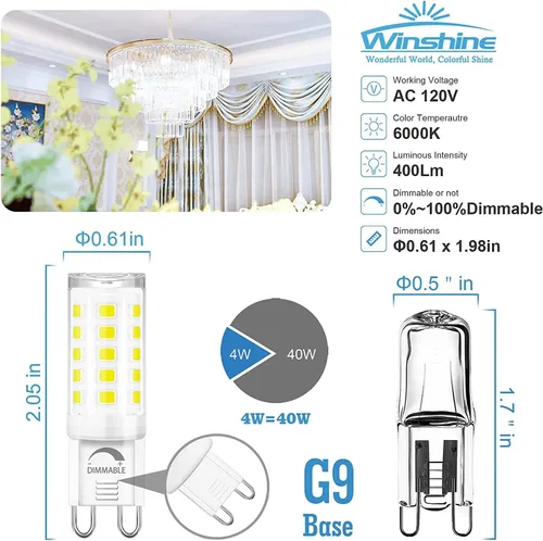 Miniatura 3 de winshine Paquete de 10 bombillas LED G9 regulables de 6000 K luz diurna 4W, 40 vatios G9 equivalente a halógeno G9 base de dos pines, lámpara
