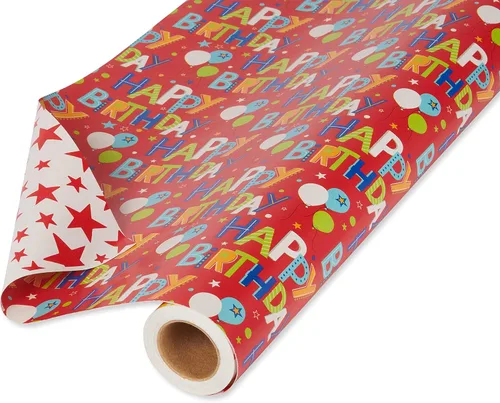 American Greetings - Papel de regalo reversible de 175 pies cuadrados, para cumpleaños, letras de feliz cumpleaños y estrellas (1 rollo jumbo, 30
