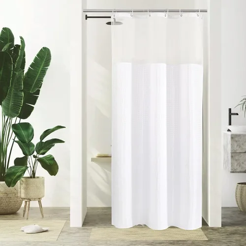 Miniatura 14 de Gibelle Juego de cortina de ducha de tejido gofre con ventana superior de malla y ganchos, cortina de ducha de tela estilo spa para baño, beige, 72